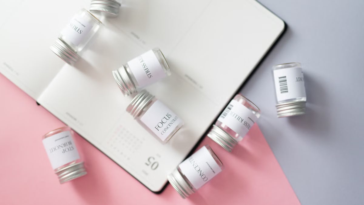 Flat lay of an open planner with small labeled bottles on pink and gray background.